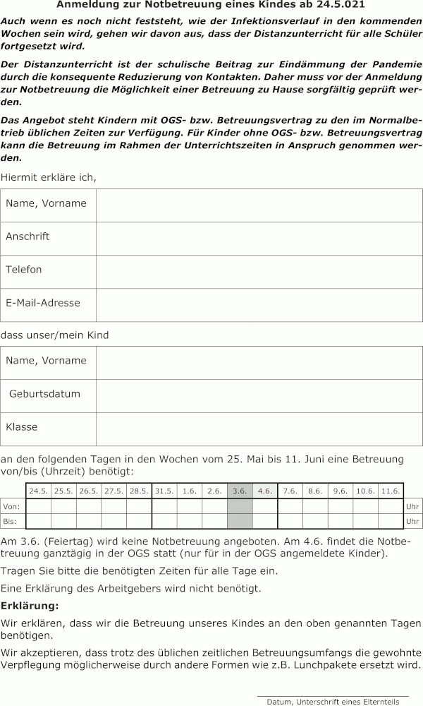 Antrag Notbetreuung Distanzunterricht 3. bis 21.5.2021